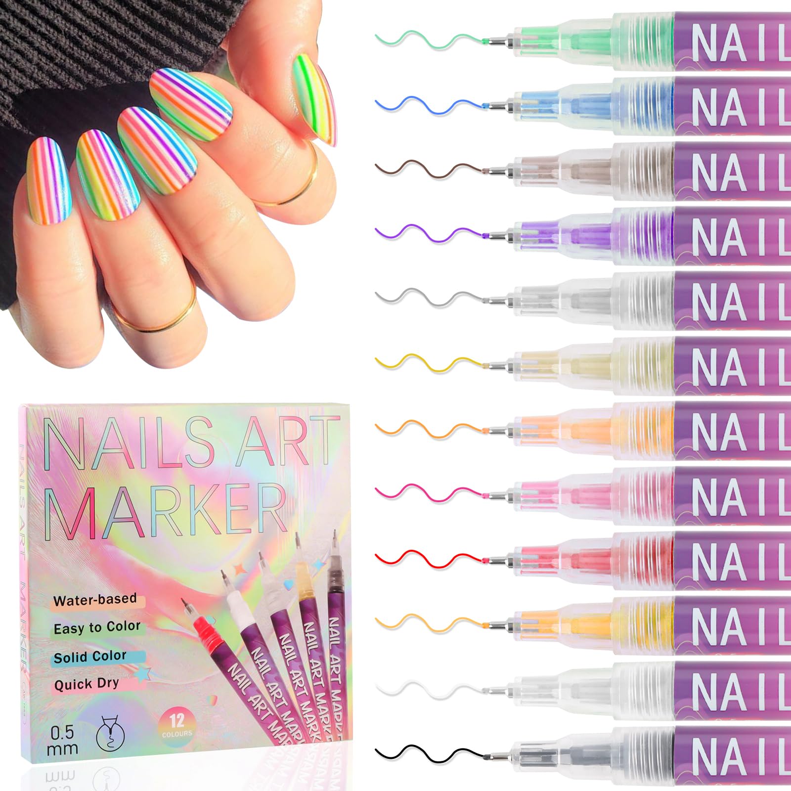 EBANKU 12-color nail art pen pack for versatile DIY designs.