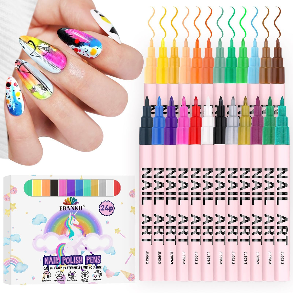 EBANKU nail art pens 24 colors set top view shows vibrant color range for DIY nails