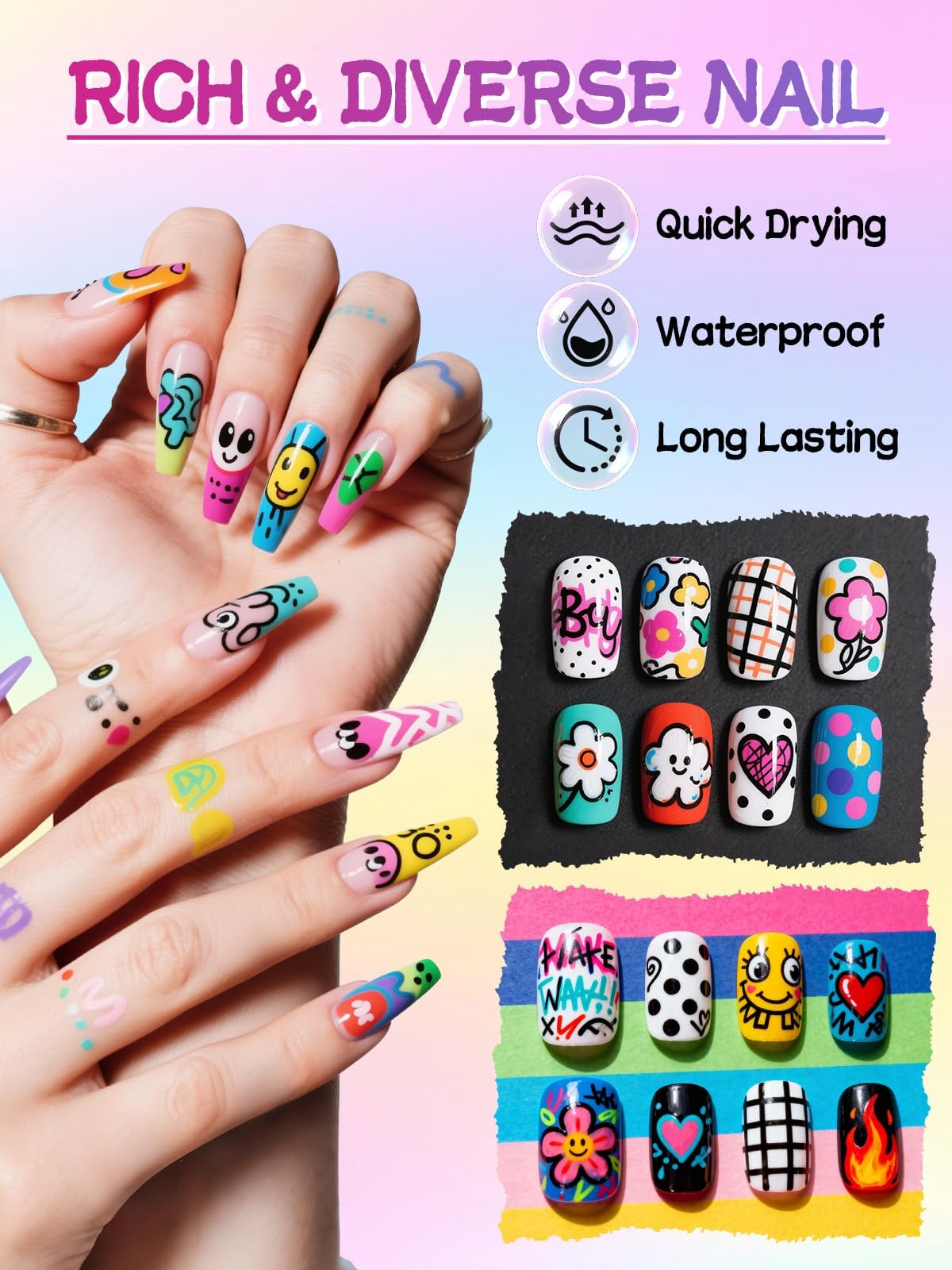 EBANKU nail art pens drawing on nails demonstrates precise lines and decorative details.