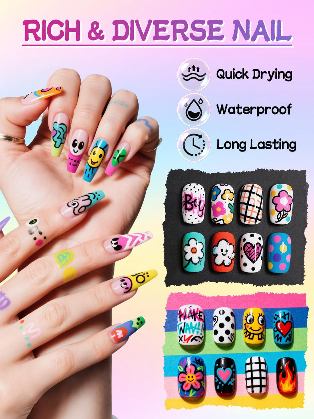 EBANKU nail art pens drawing on nails demonstrates precise lines and decorative details.