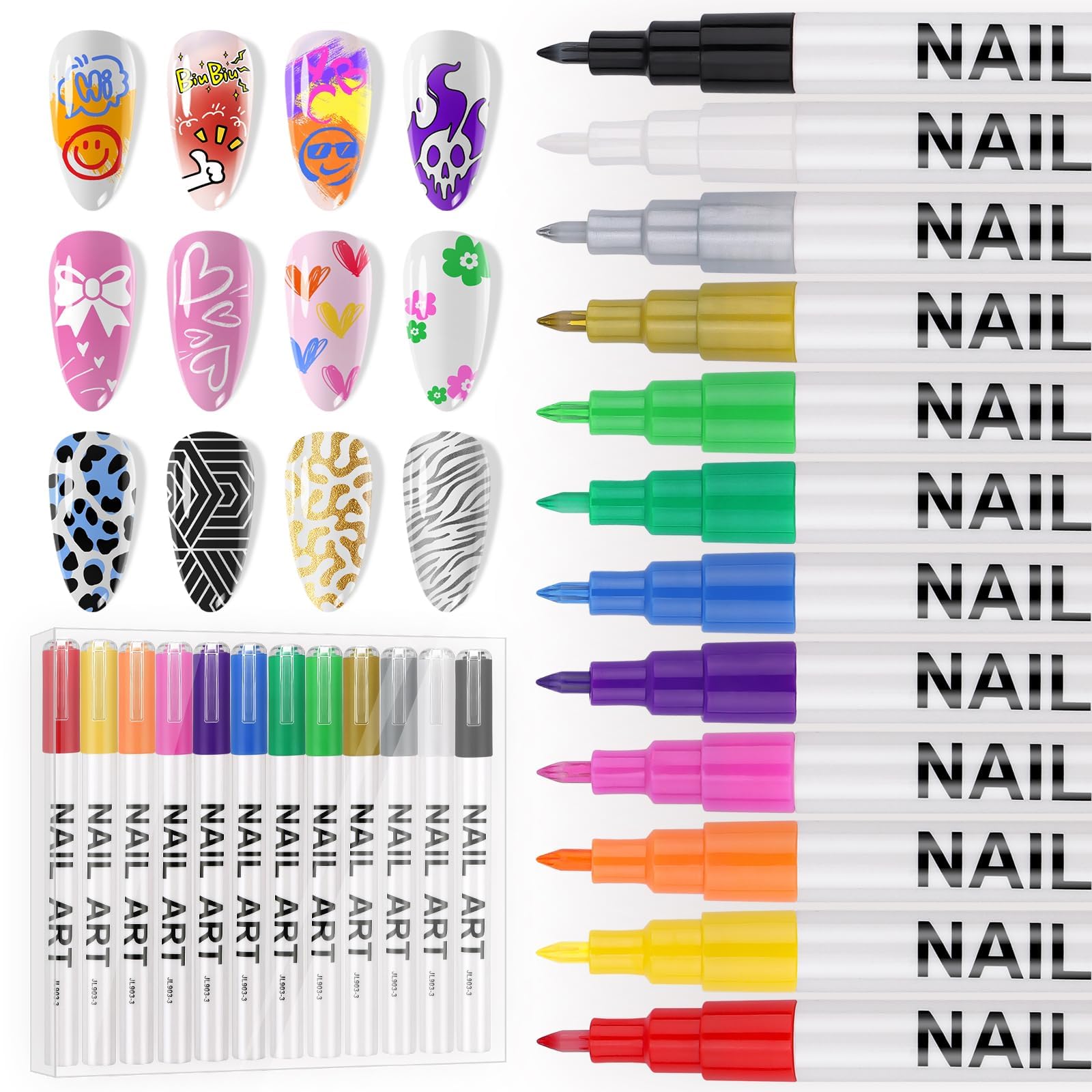 EBANKU nail art pens set 12colors collection shows vibrant hues for versatile DIY manicures.
