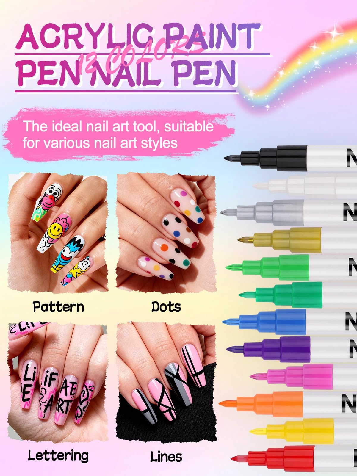 EBANKU nail art pens swatches 12colors palette for creative patterns on nails.