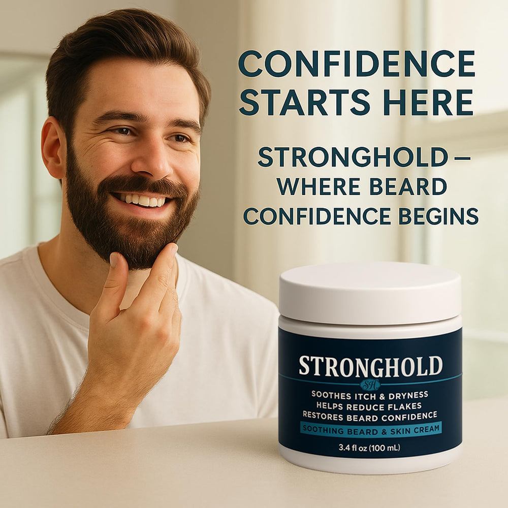 Beard with damp skin usage scenario demonstrates simple routine for daily nourishment
