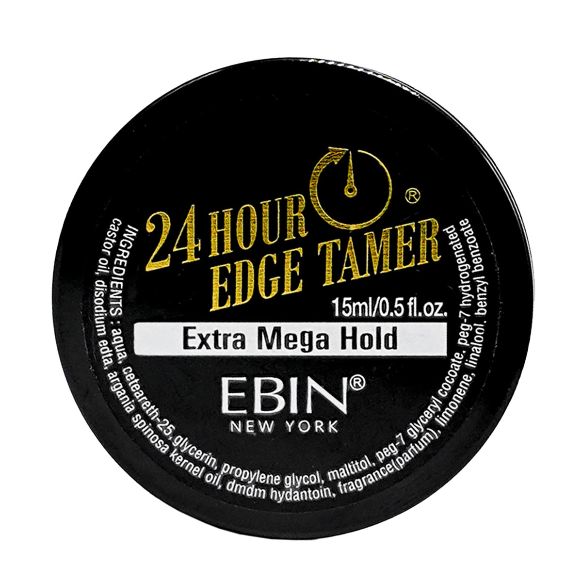 EBIN NEW YORK 24-Hour Edge Tamer bottle top demonstrates long-lasting hold for sleek edges.