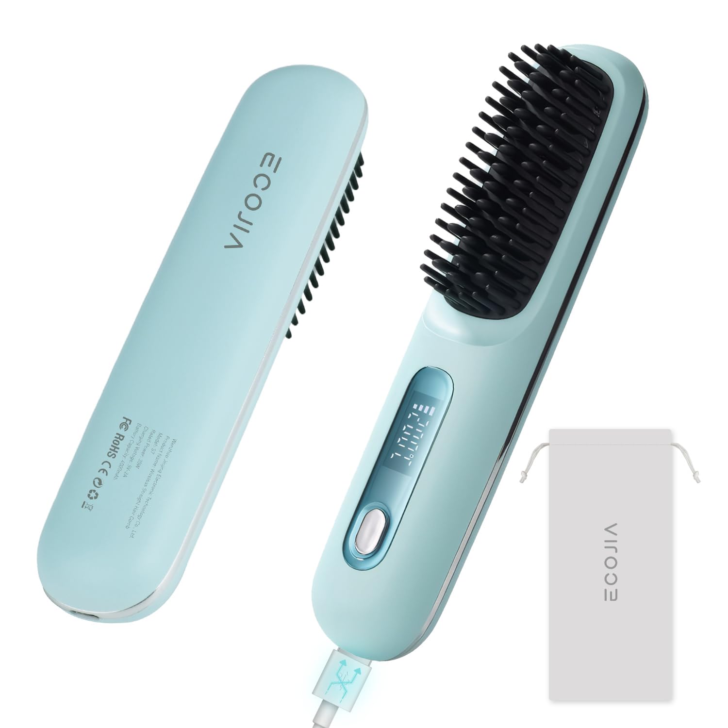 Ecojia cordless hair-straightener brush with LCD screen delivers quick styling and precise control.