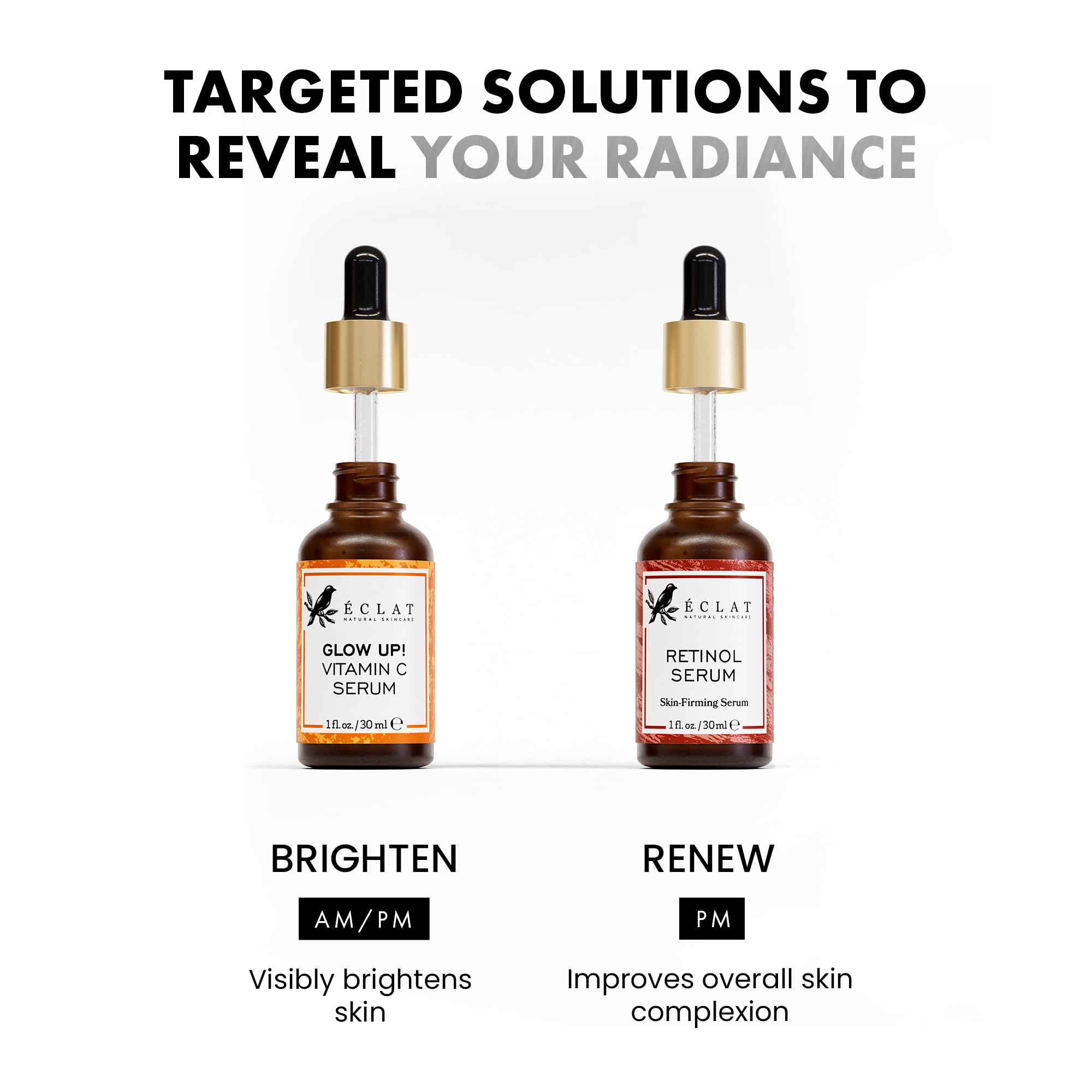 Eclat Skincare bottle label shows vegan, fragrance-free formula for all skin types.