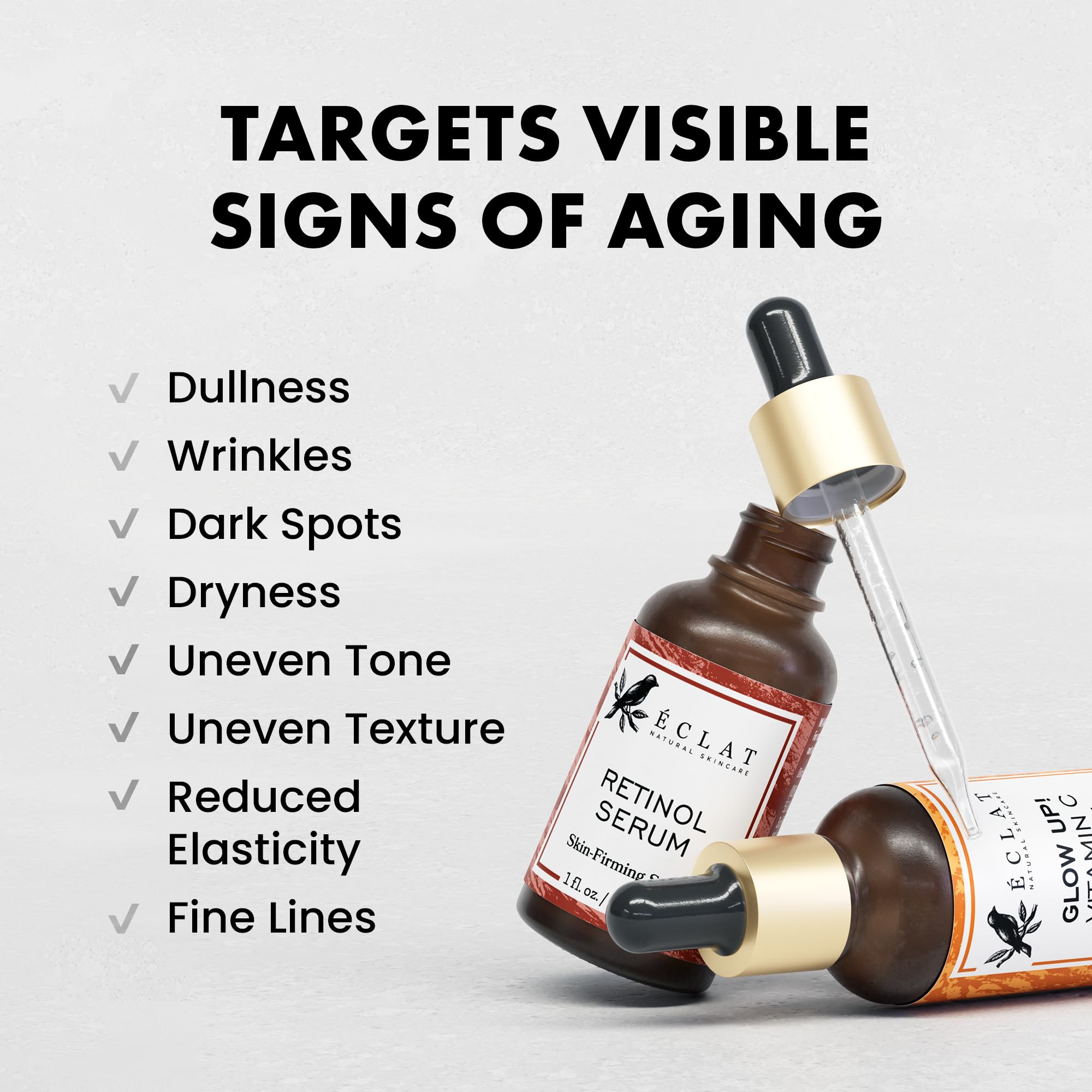 Eclat Skincare face serum application close-up demonstrates smooth dispensing.