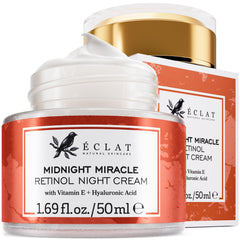 Eclat Skincare Retinol Night Cream jar closeup promotes hydrated, smoother skin.