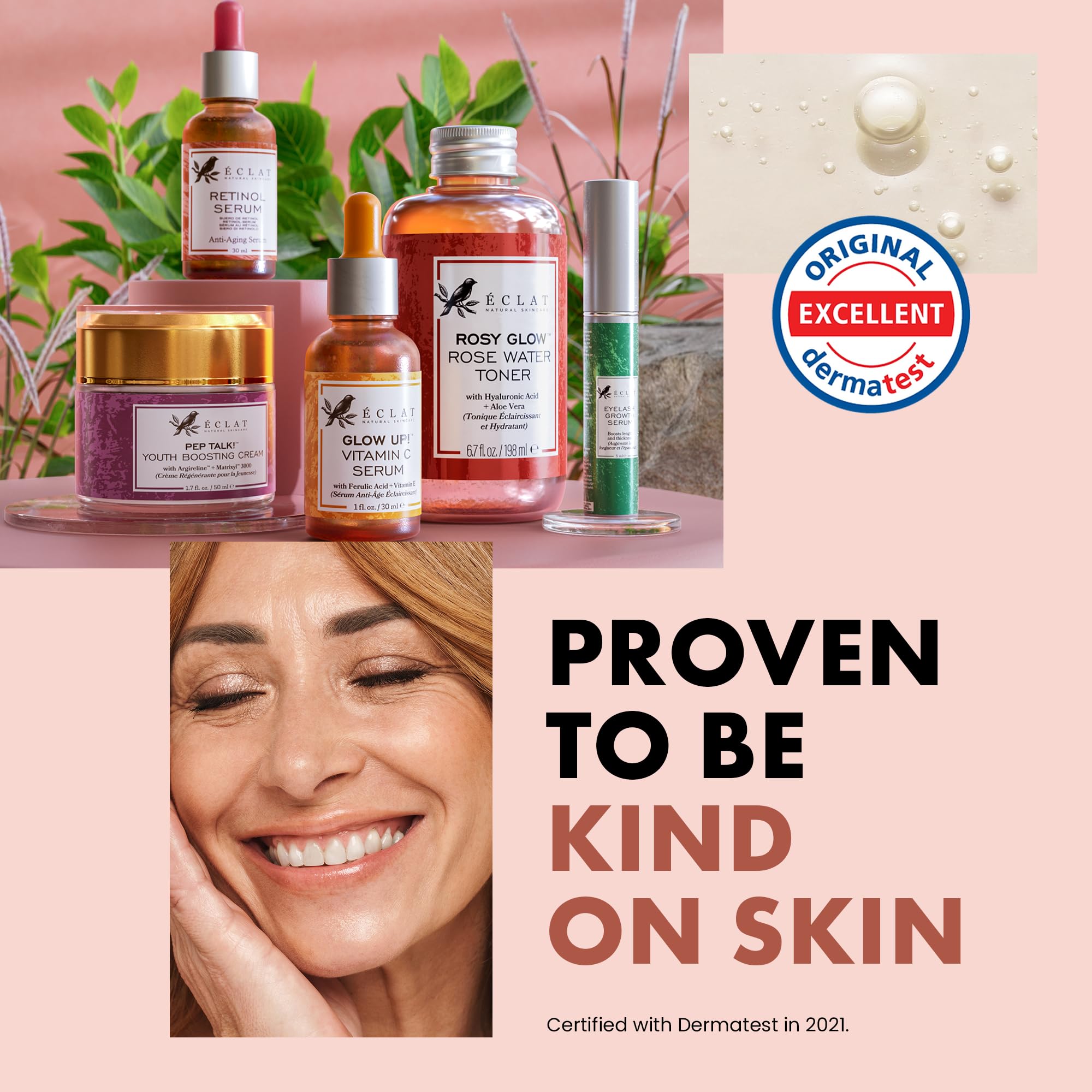 Eclat Skincare Rose Water Toner application being dabbed shows gentle, all-skin compatible use.