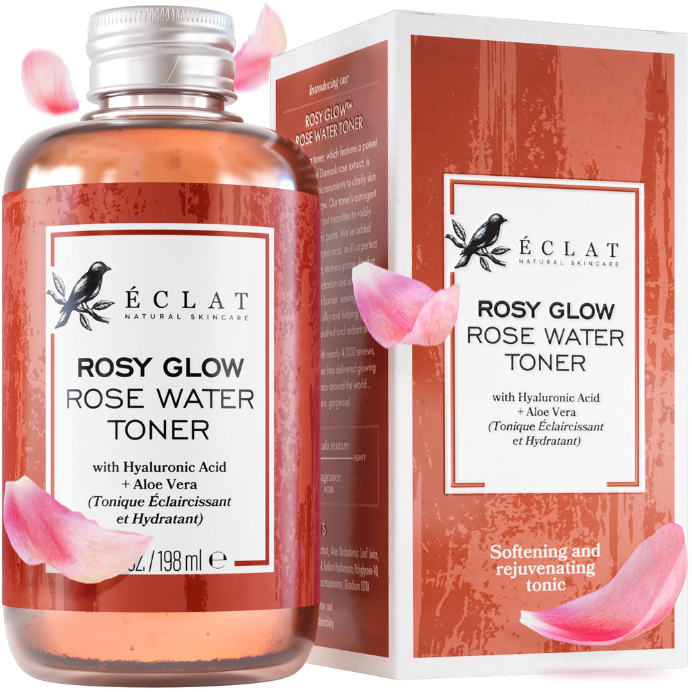 Eclat Skincare Rose Water Toner bottle closeup highlights hydrating, alcohol-free facial care.