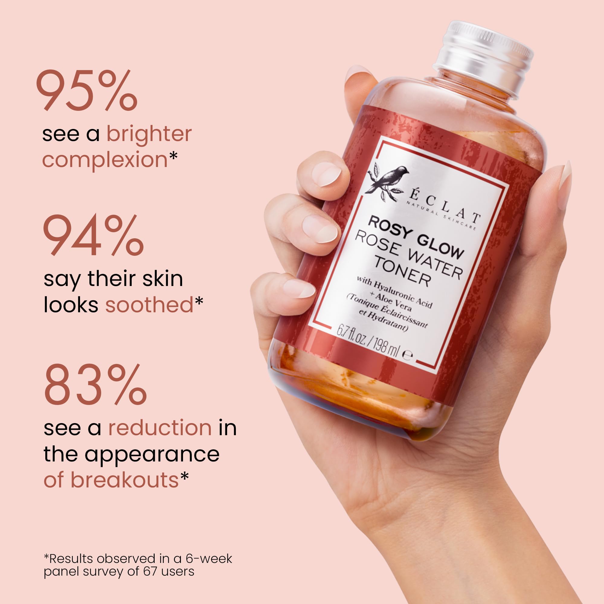 Eclat Skincare Rose Water Toner in framed cosmetic setup conveys a clean skincare routine.