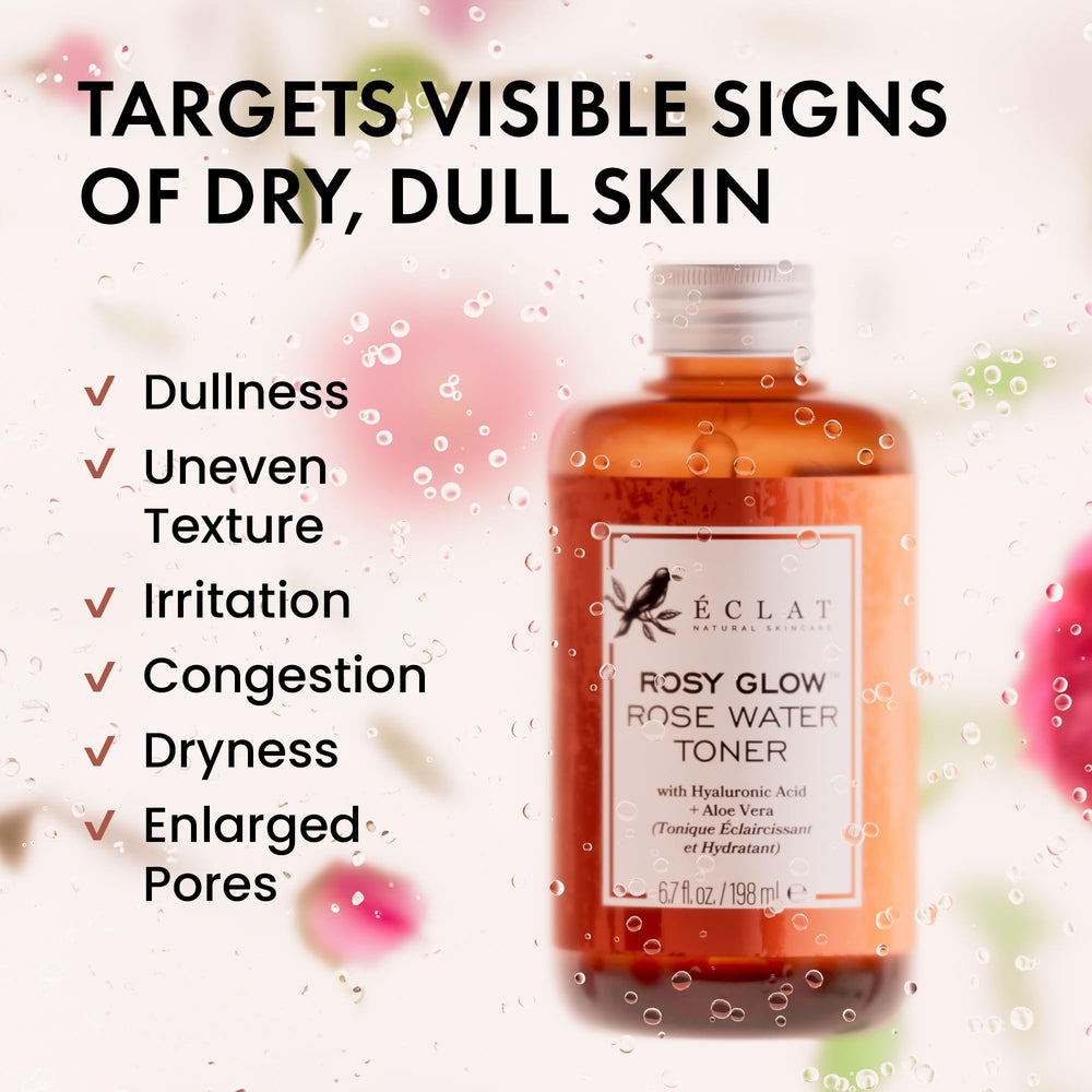 Eclat Skincare Rose Water Toner with rose petals visual emphasizes antioxidant-rich nourishment.