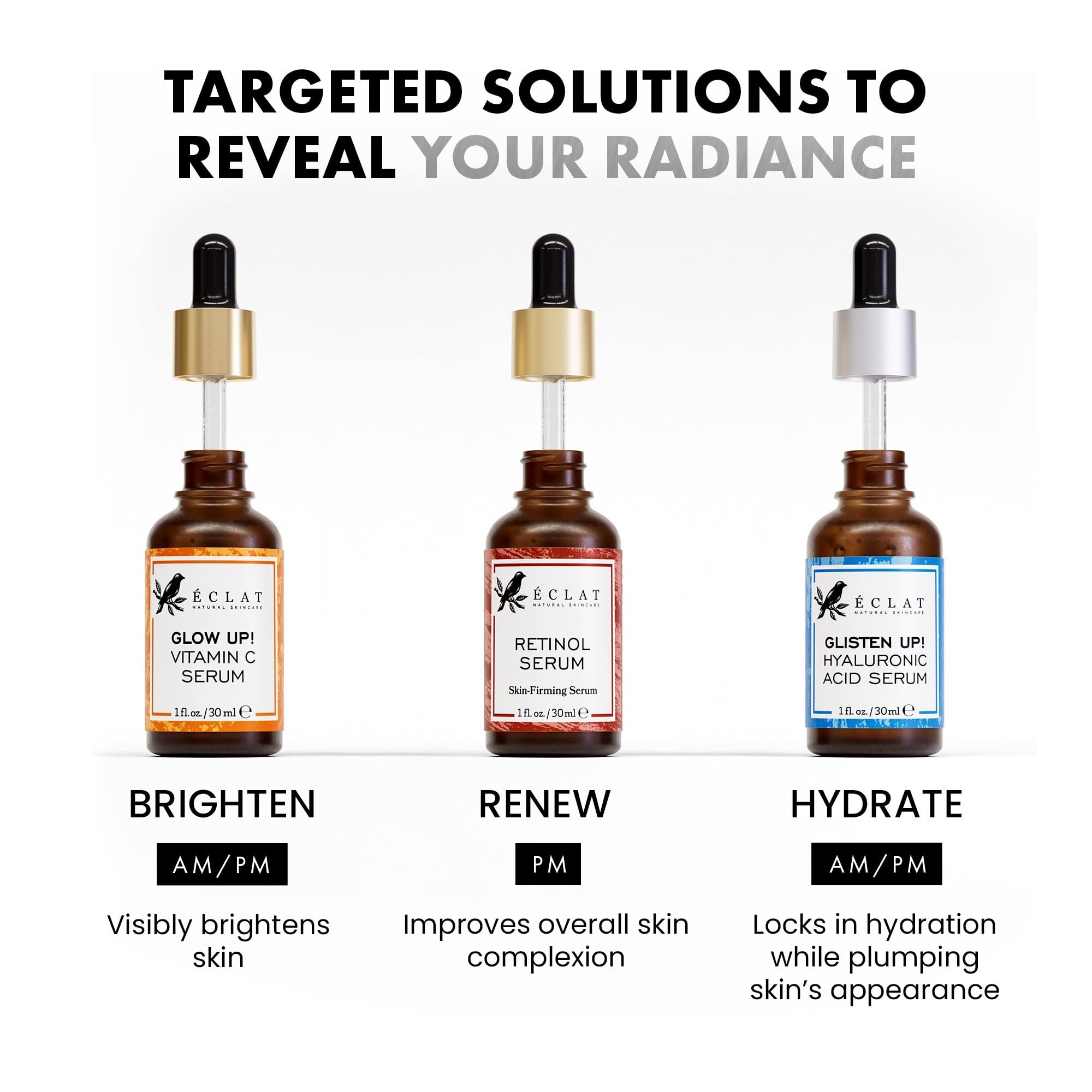 Eclat Skincare packaging box on vanity—easy-to-follow regimen for morning and night
