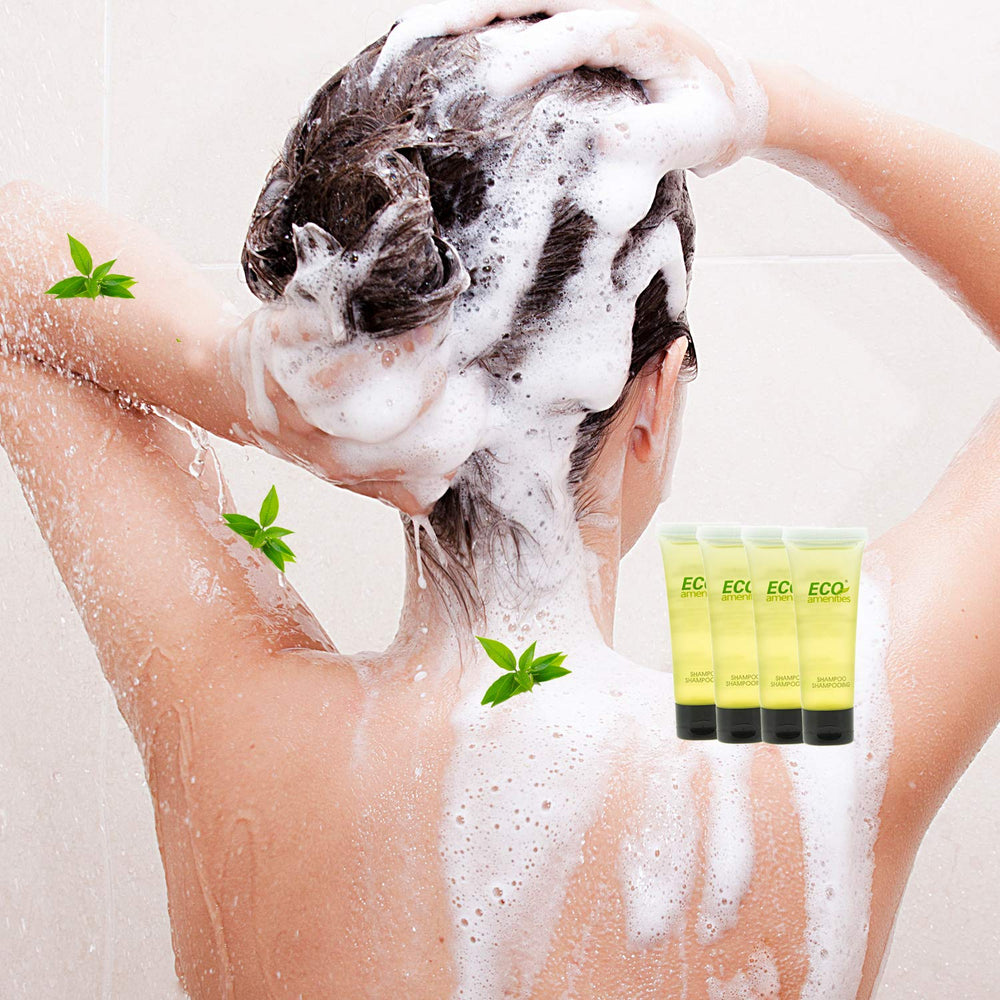 ECO amenities 1oz conditioner bottle with green tea label for quick conditioning on trips.