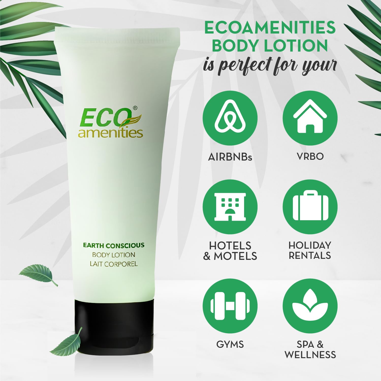 Close-up of ECO amenities 1 oz lotion tube highlighting compact bulk packaging.