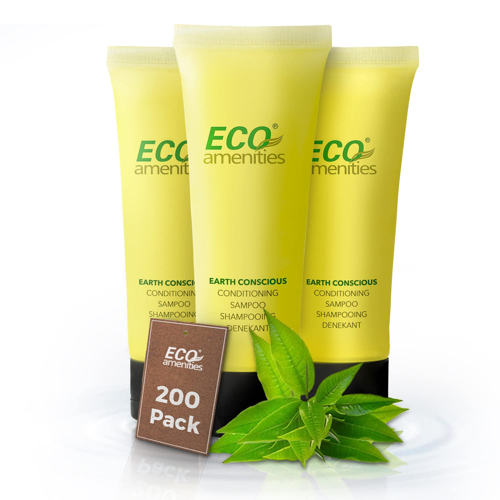 ECO amenities 1oz shampoo bottle with green tea label for compact travel cleansing.
