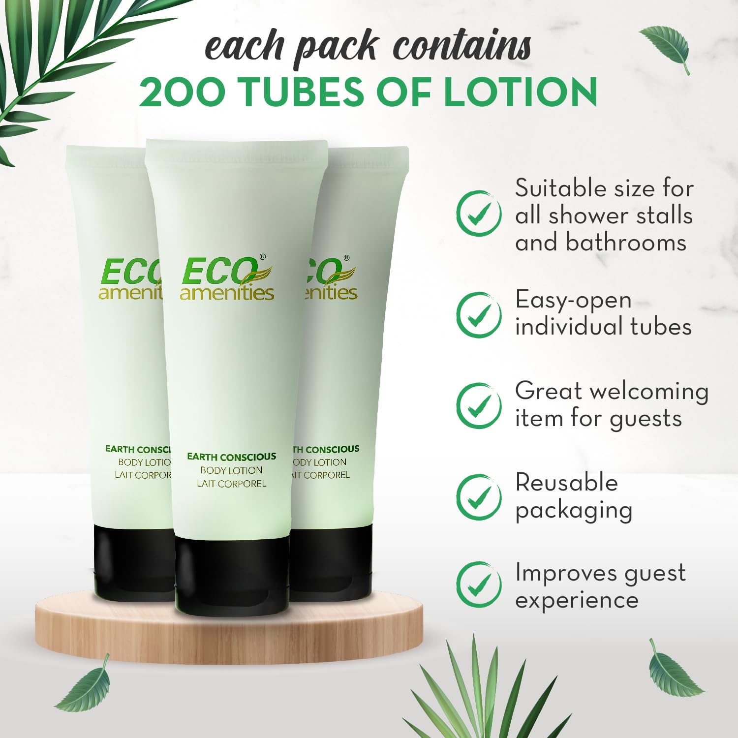 ECO amenities green tea scented lotion texture suggests lightweight hydration.