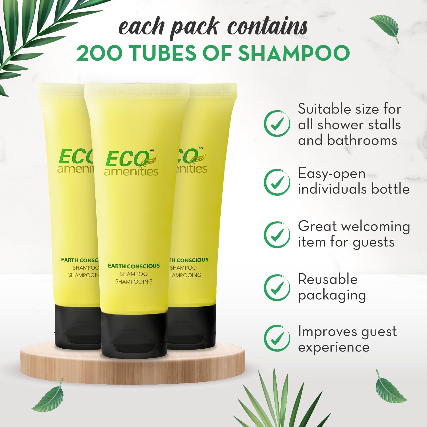 ECO amenities travel shampoo tubes 200-pack display closeup supports hotel housekeeping inventories.