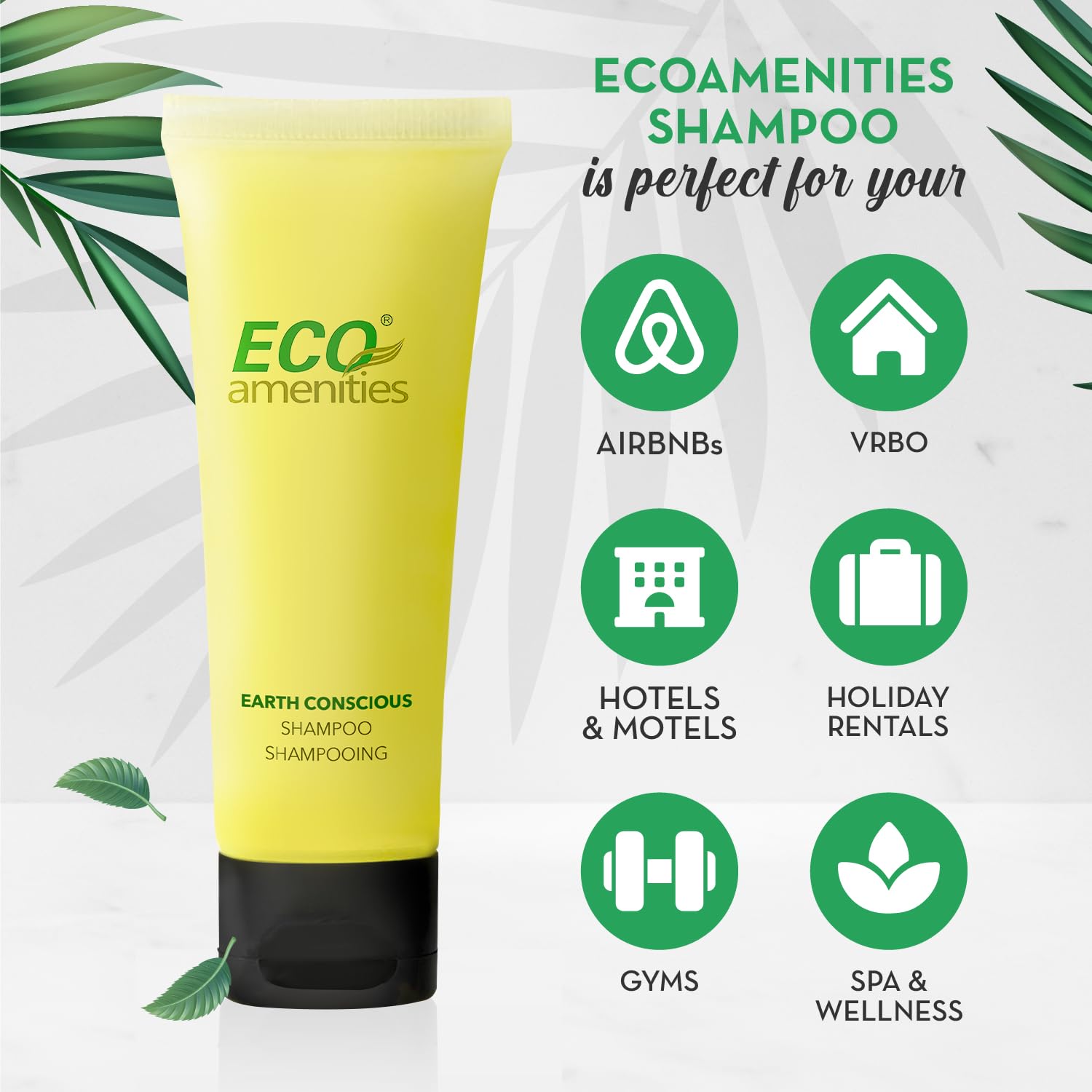 ECO amenities travel shampoo tubes green-tea scent closeup enhances calming guest experience.