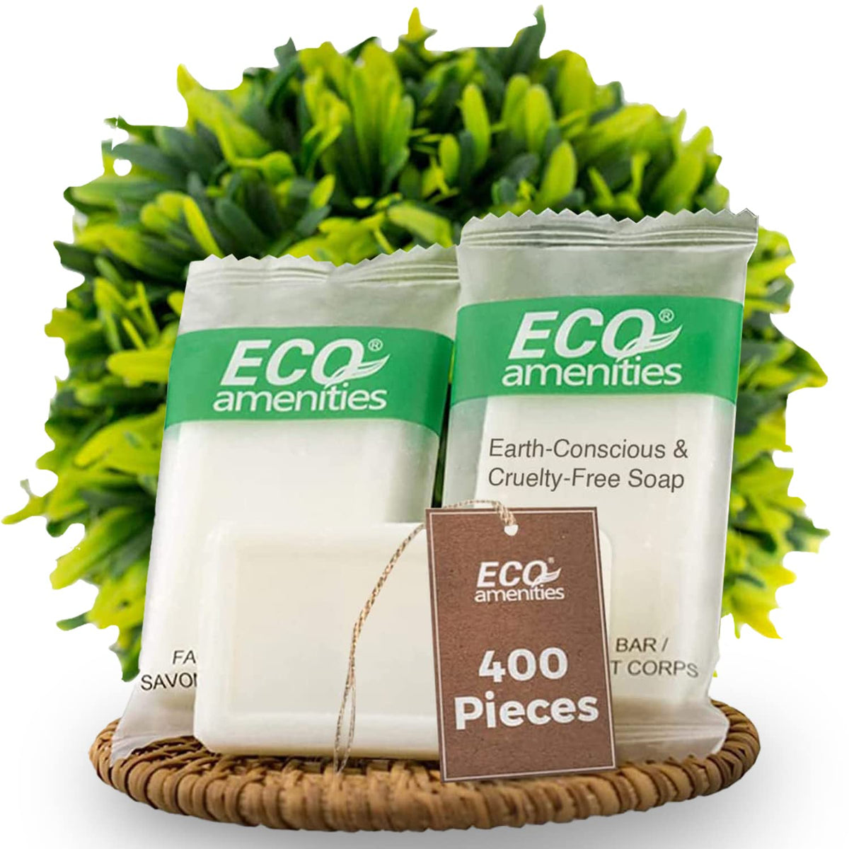 ECO Amenities travel-size bar soap 400-pack, ideal for bulk hotel stocking and guest rooms.