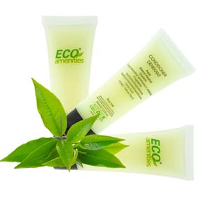 ECO Amenities 30ml conditioner tubes closeup in clear packaging for travel.