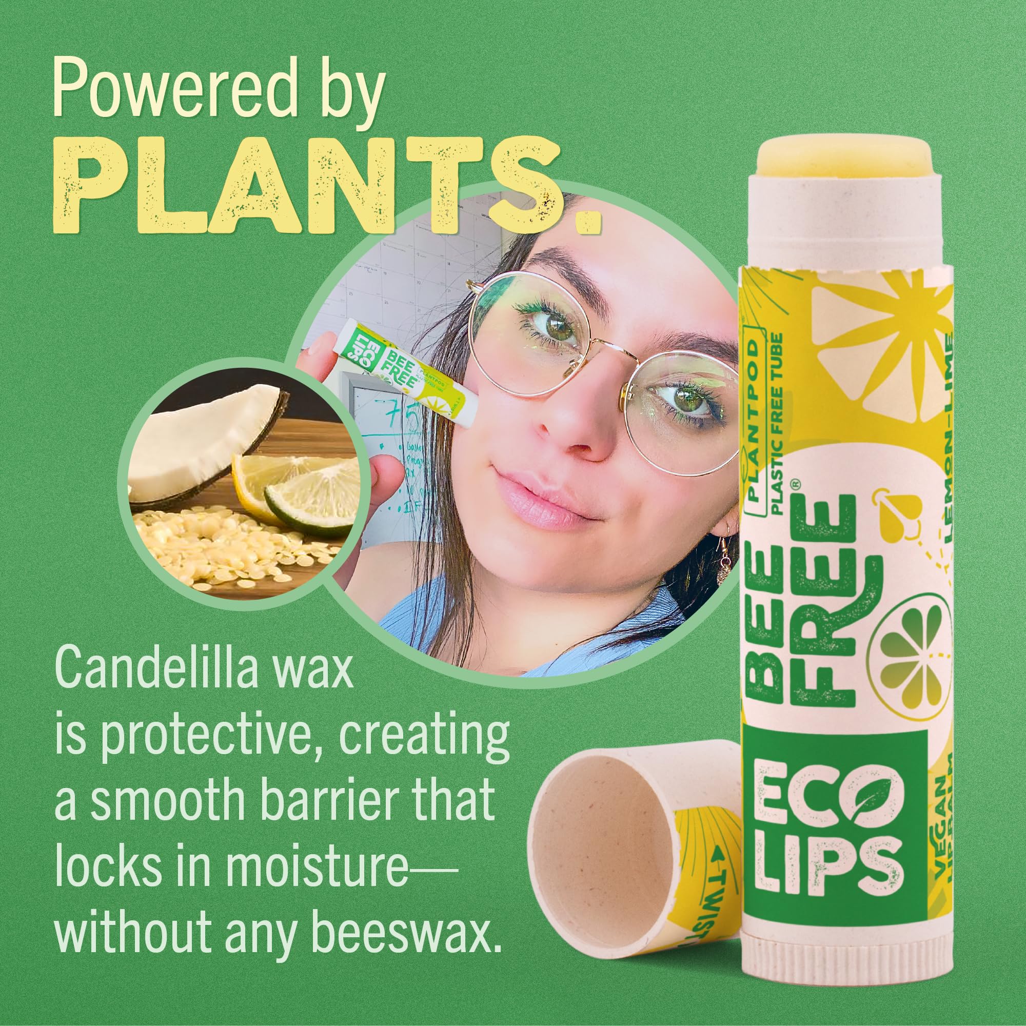 Eco Lips Bee Free balm tube closeup highlighting cocoa butter and coconut oil moisture.