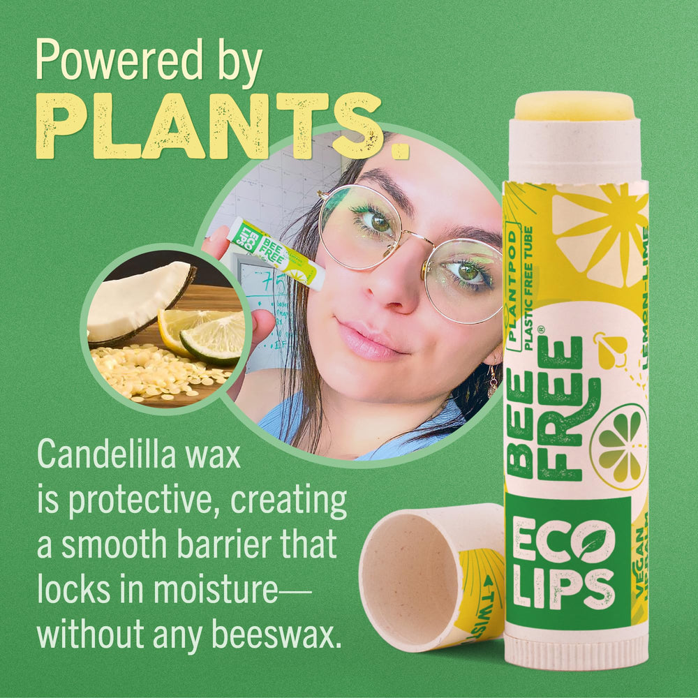 Eco Lips Bee Free balm tube closeup highlighting cocoa butter and coconut oil moisture.