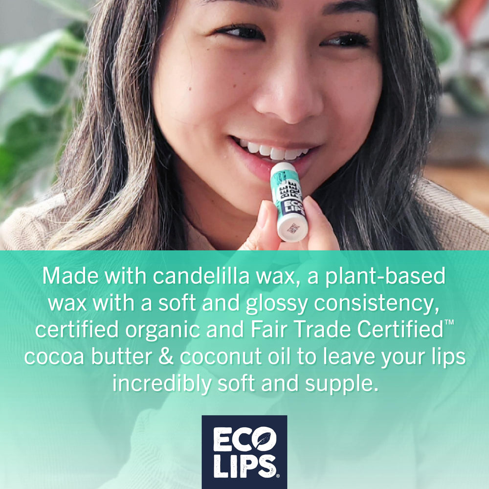 Eco Lips Bee Free unscented lip balm cap-off display shows plastic-free packaging