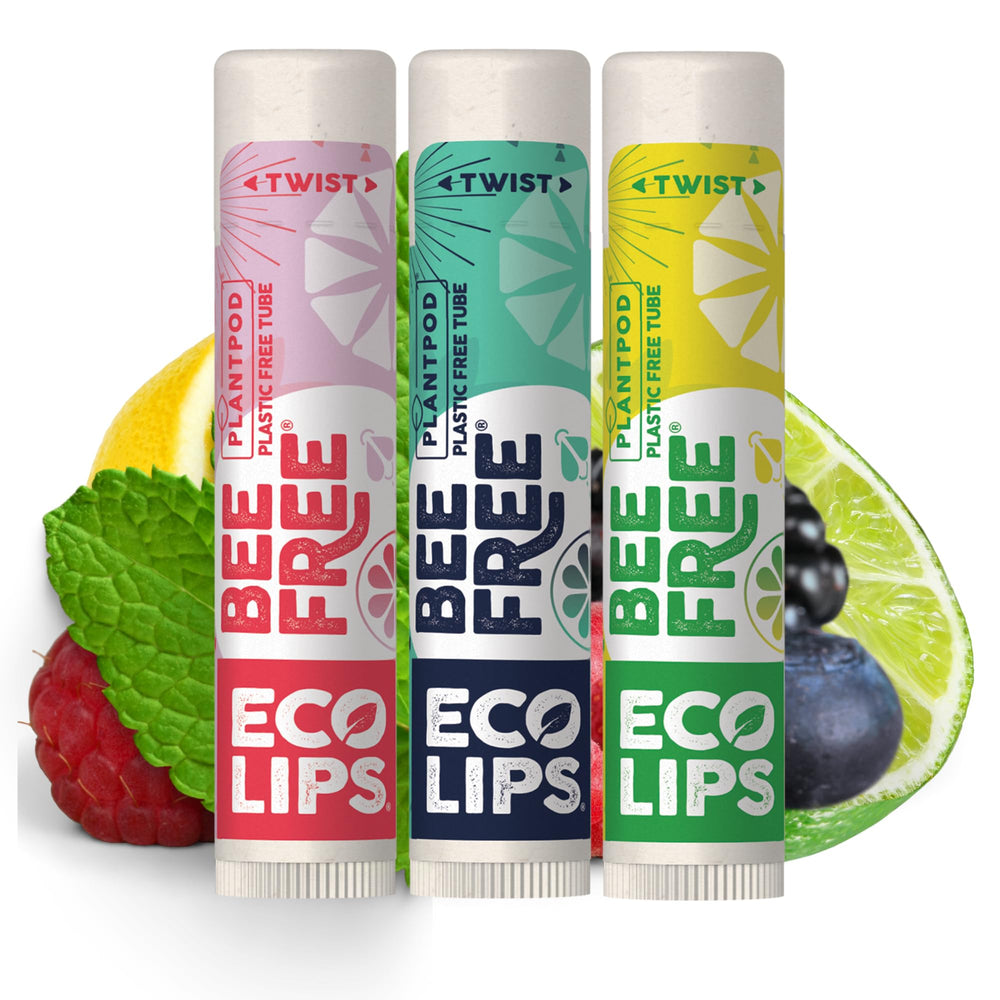 Eco Lips Bee Free variety pack front showing vegan lip balms for hydration.