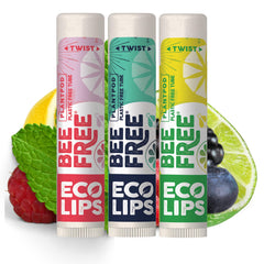 Eco Lips Bee Free variety pack front showing vegan lip balms for hydration.