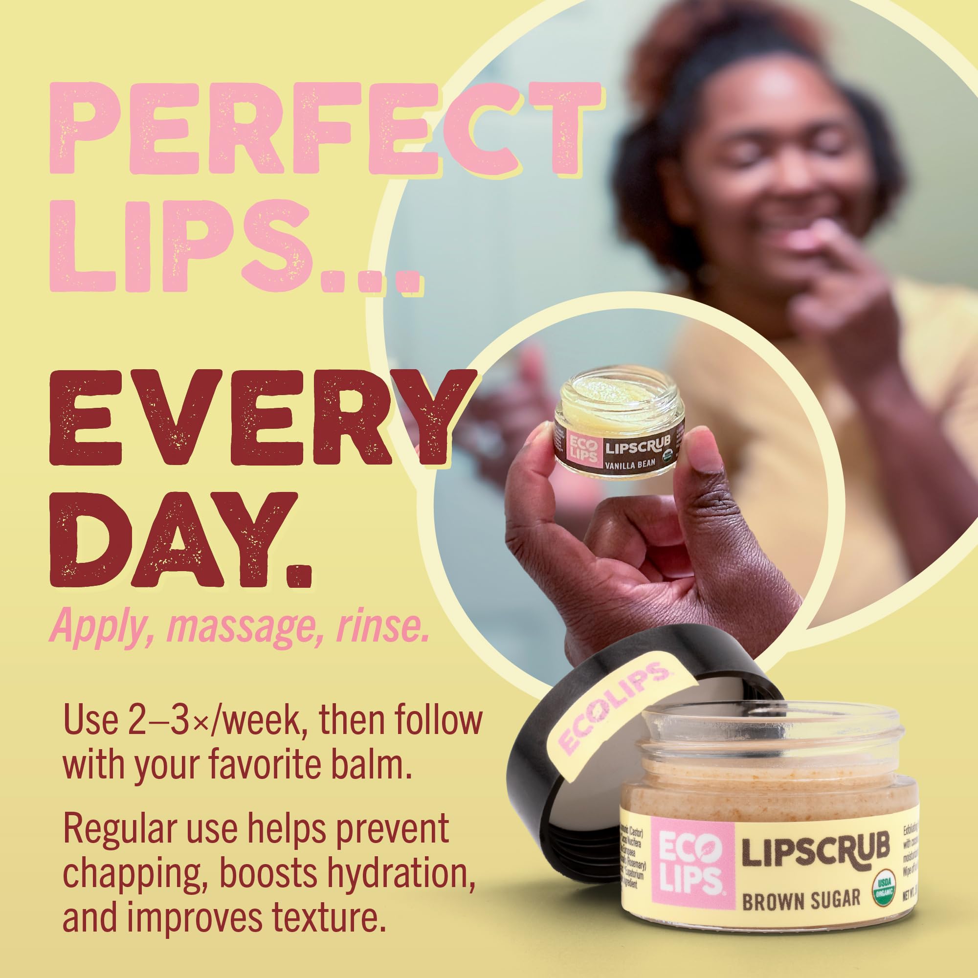 Eco Lips Lip Sugar Scrub variety-pack display emphasizes four flavors for different needs