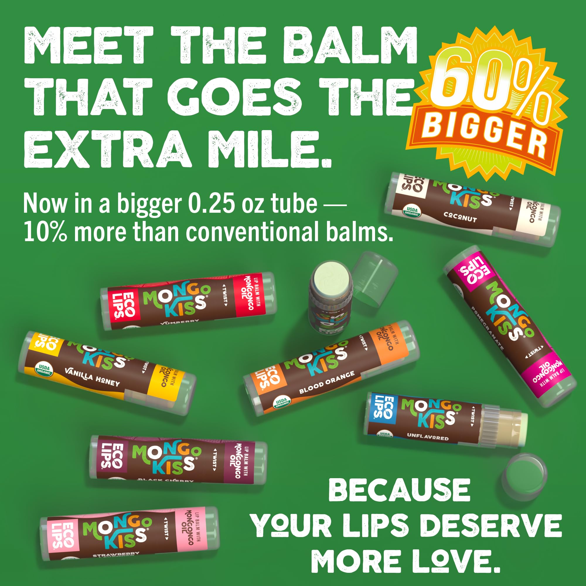 Eco Lips Mongo Kiss organic ingredients closeup highlights pure, nourishing lip balm formula.