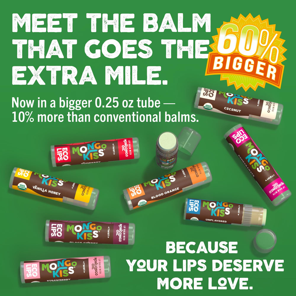Eco Lips Mongo Kiss organic ingredients closeup highlights pure, nourishing lip balm formula.