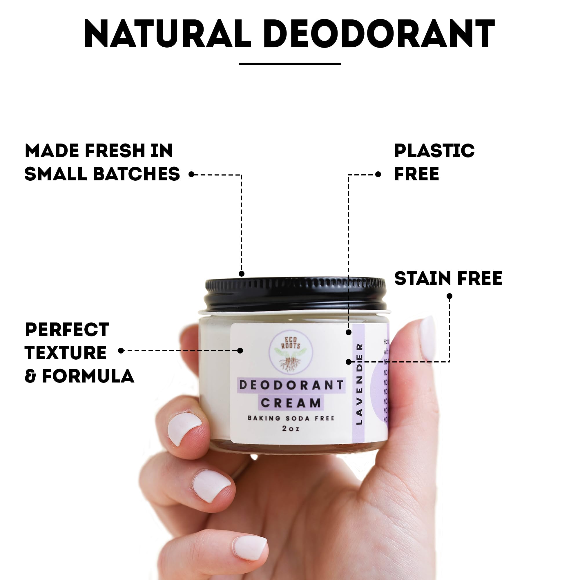 ECO ROOTS apply pea-size dab underarm image showing easy usage