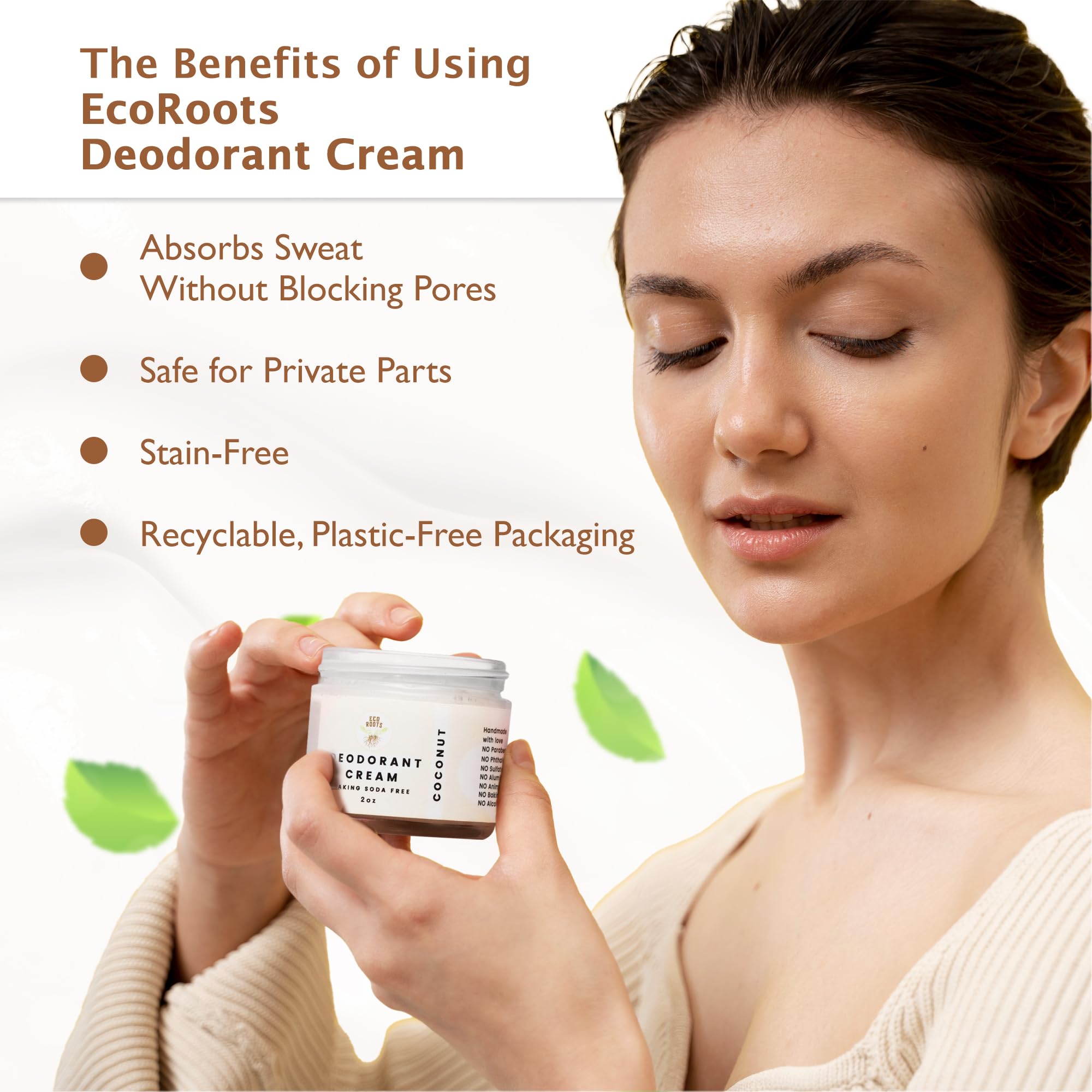 ECO ROOTS baking soda-free formula emphasizes gentle skin with natural ingredients