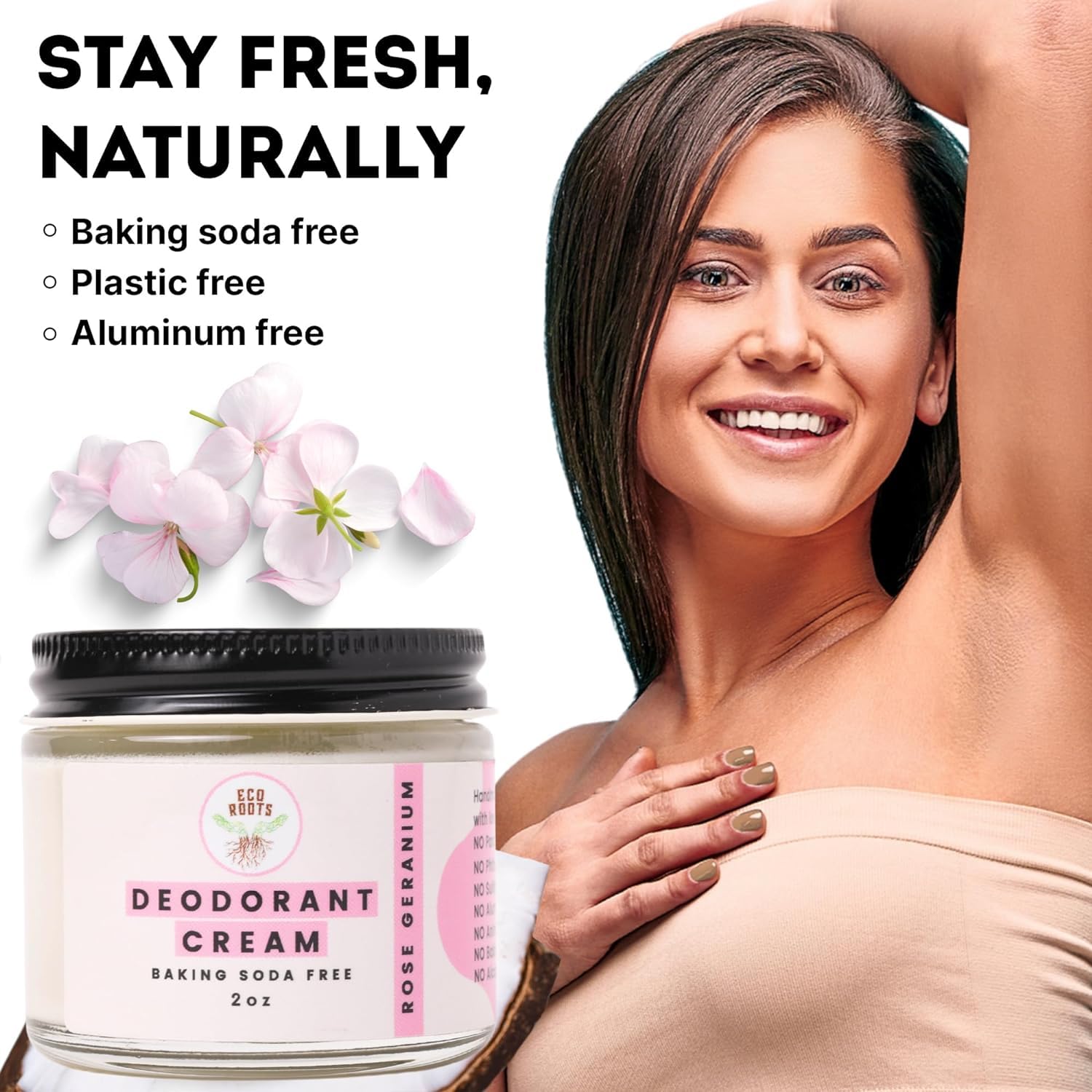 ECO ROOTS deodorant cream rose-geranium application smooth texture for easy absorption.