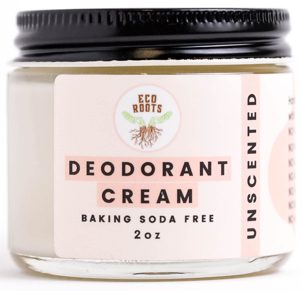 ECO ROOTS natural deodorant cream jar demonstrates creamy texture for gentle underarm care.