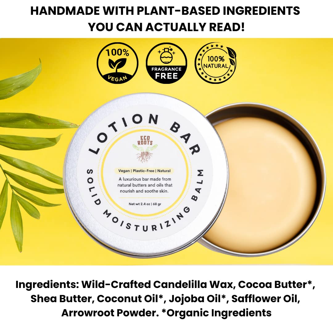 Eco Roots vegan lotion bar close-up texture reveals solid form that melts into skin.