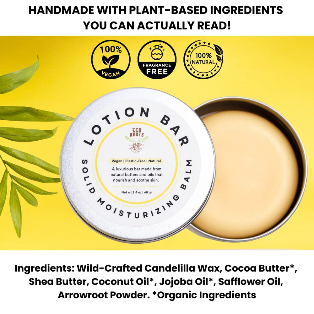 Eco Roots vegan lotion bar close-up texture reveals solid form that melts into skin.
