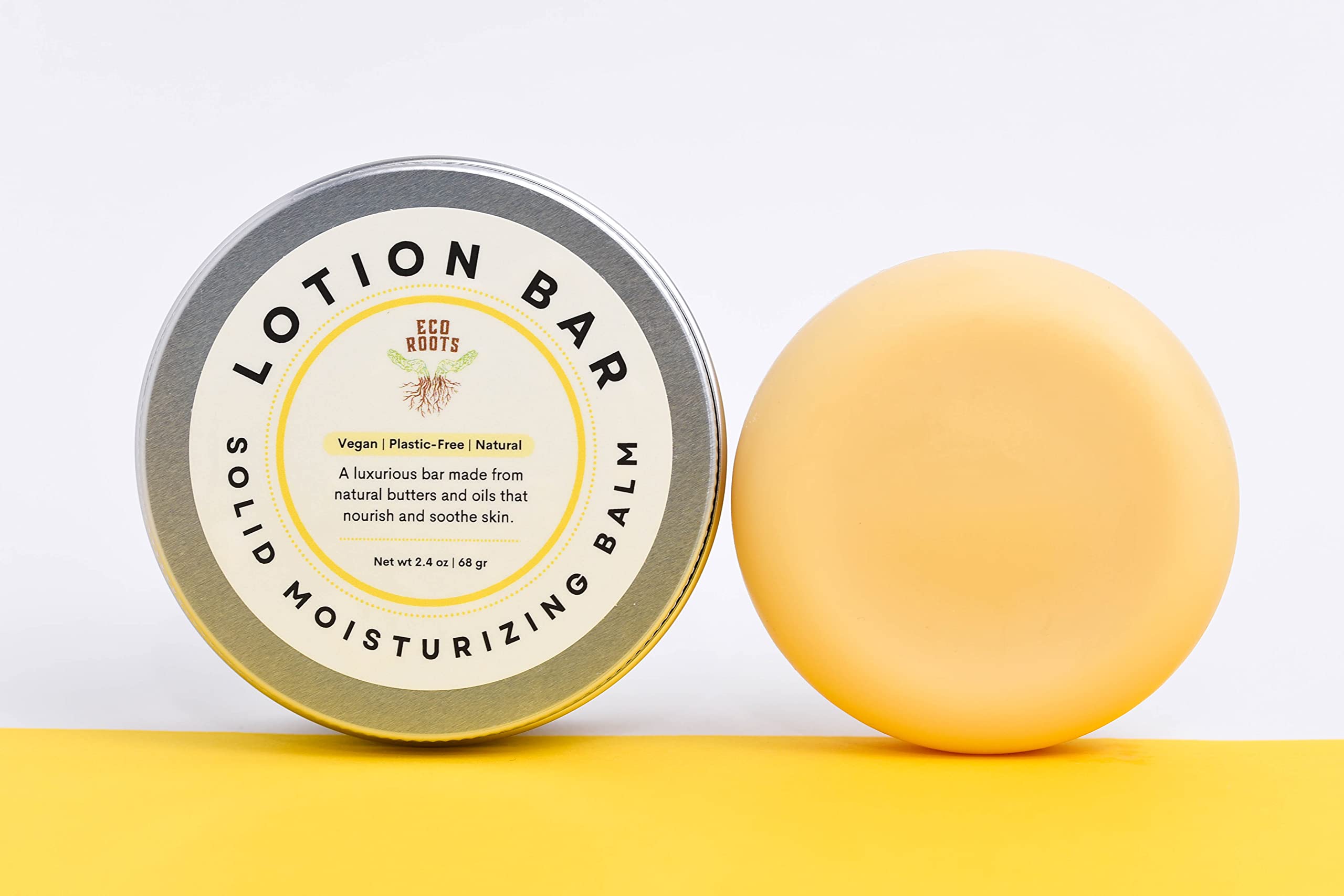 Eco Roots vegan lotion bar travel-pack showcases pocket-sized, plastic-free moisture for travel.