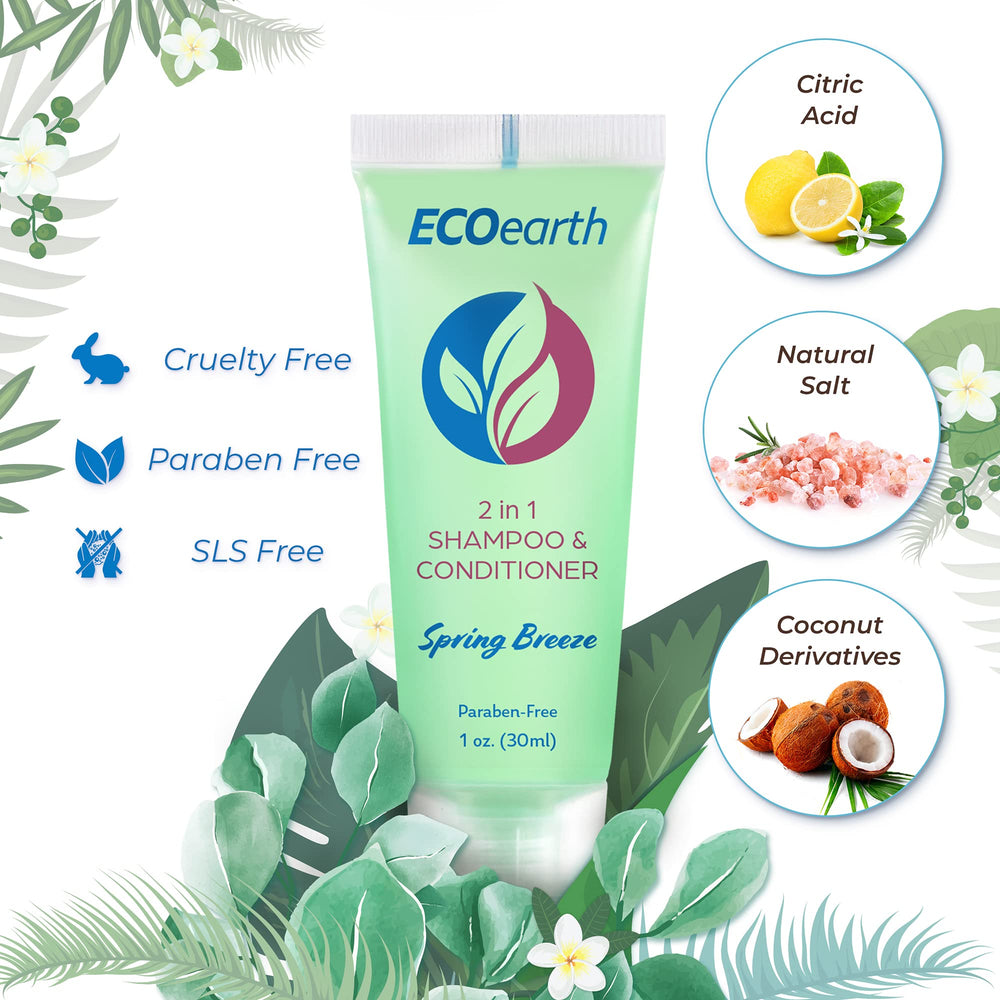 EcoEarth 100-pack travel-size 2-in-1 shampoo bottle display for hotels