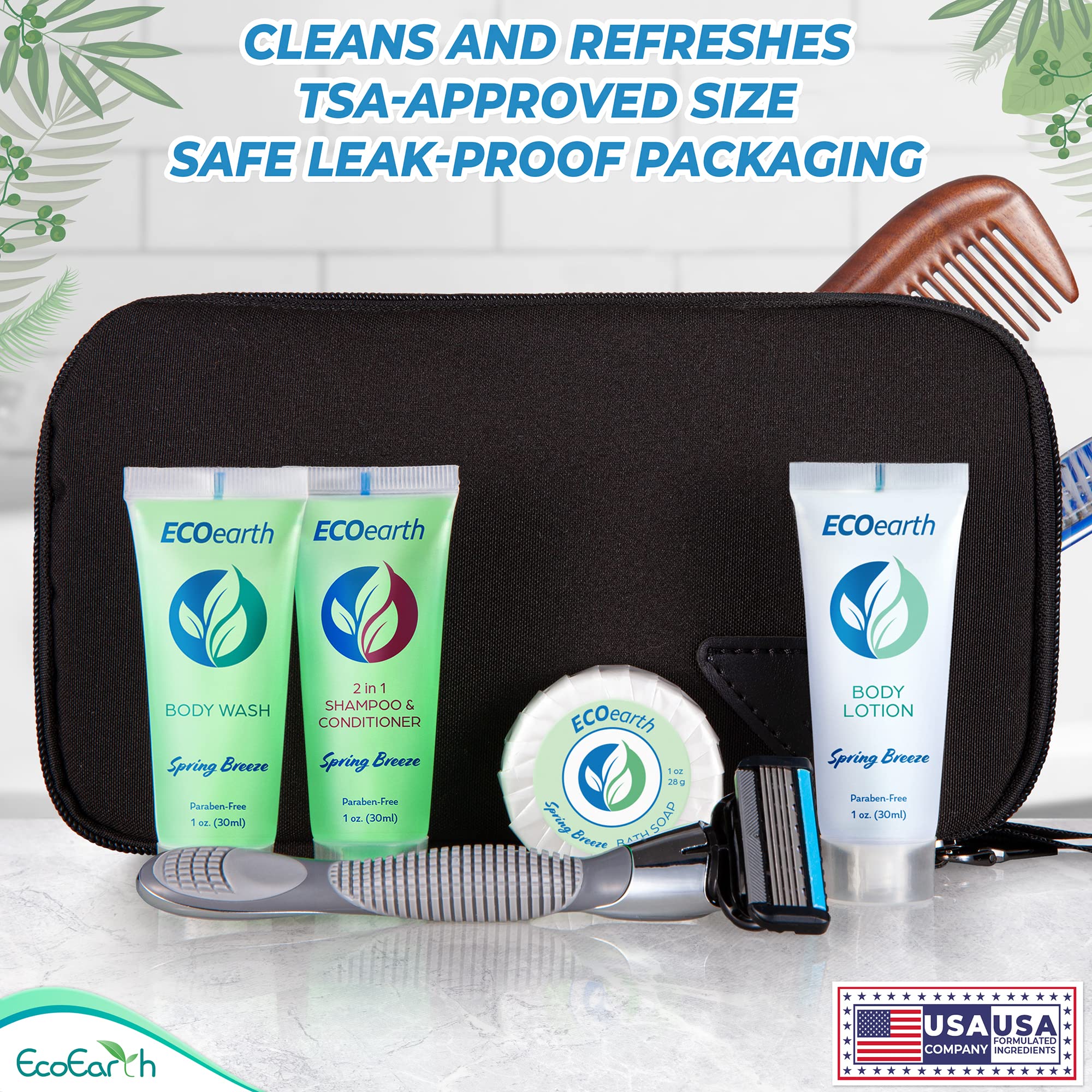 EcoEarth hotel bathroom display showing amenities for guest comfort