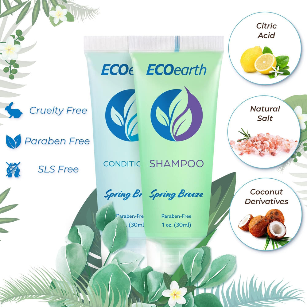 EcoEarth travel shampoo bottles 1oz demonstrate compact, travel-friendly guest bathroom dispensers.