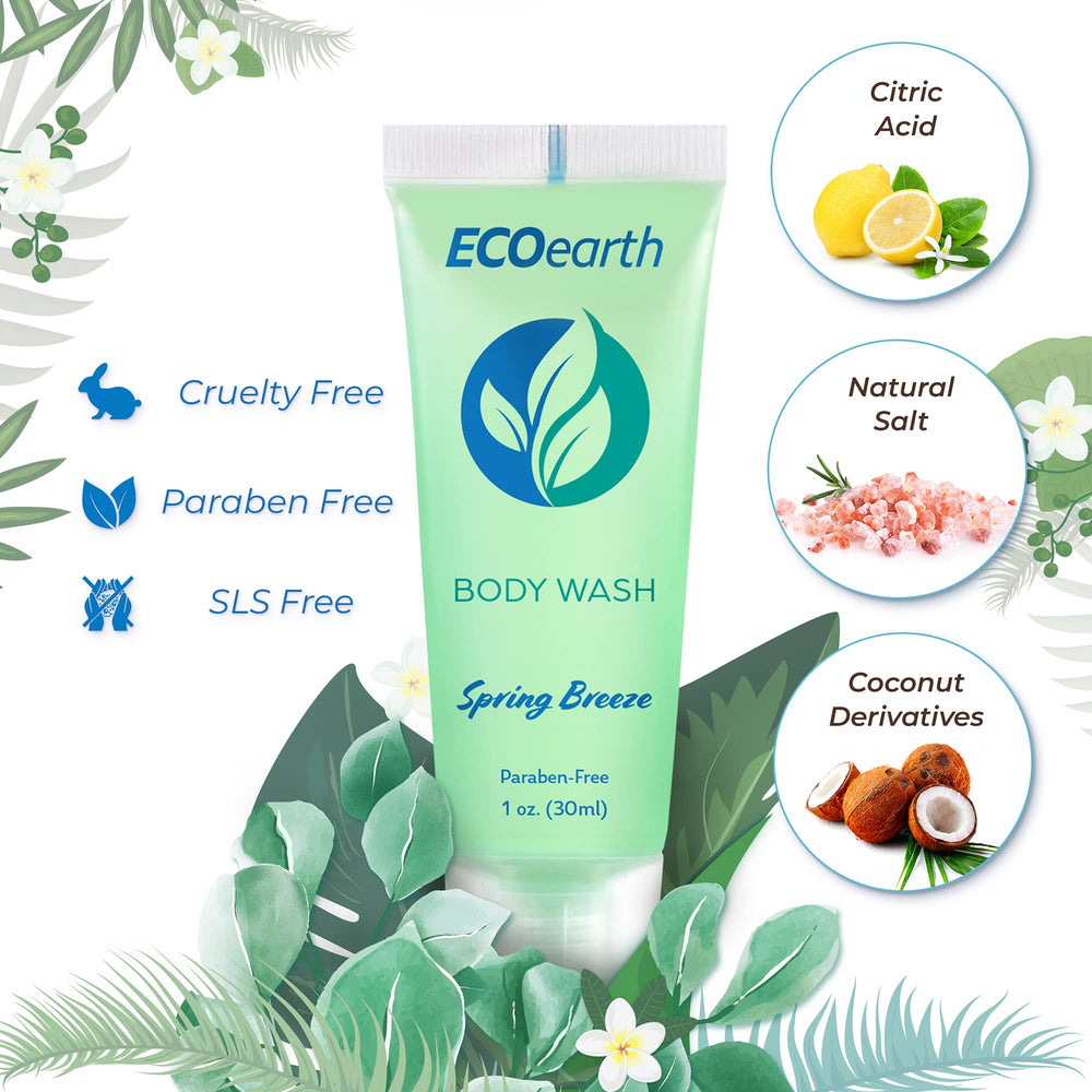 EcoEarth travel wash packaging highlights leak-proof design for hotels.