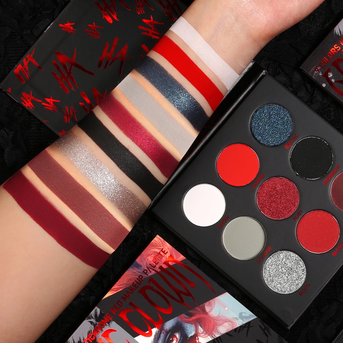 Ecofavor Red Goth Eyeshadow Palette closeup highlighting rich red pigments for dramatic night looks
