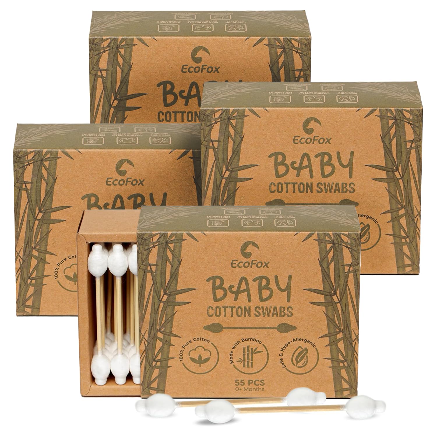 EcoFox Baby Safety Swabs box shown for gentle baby cleaning in safe packaging.