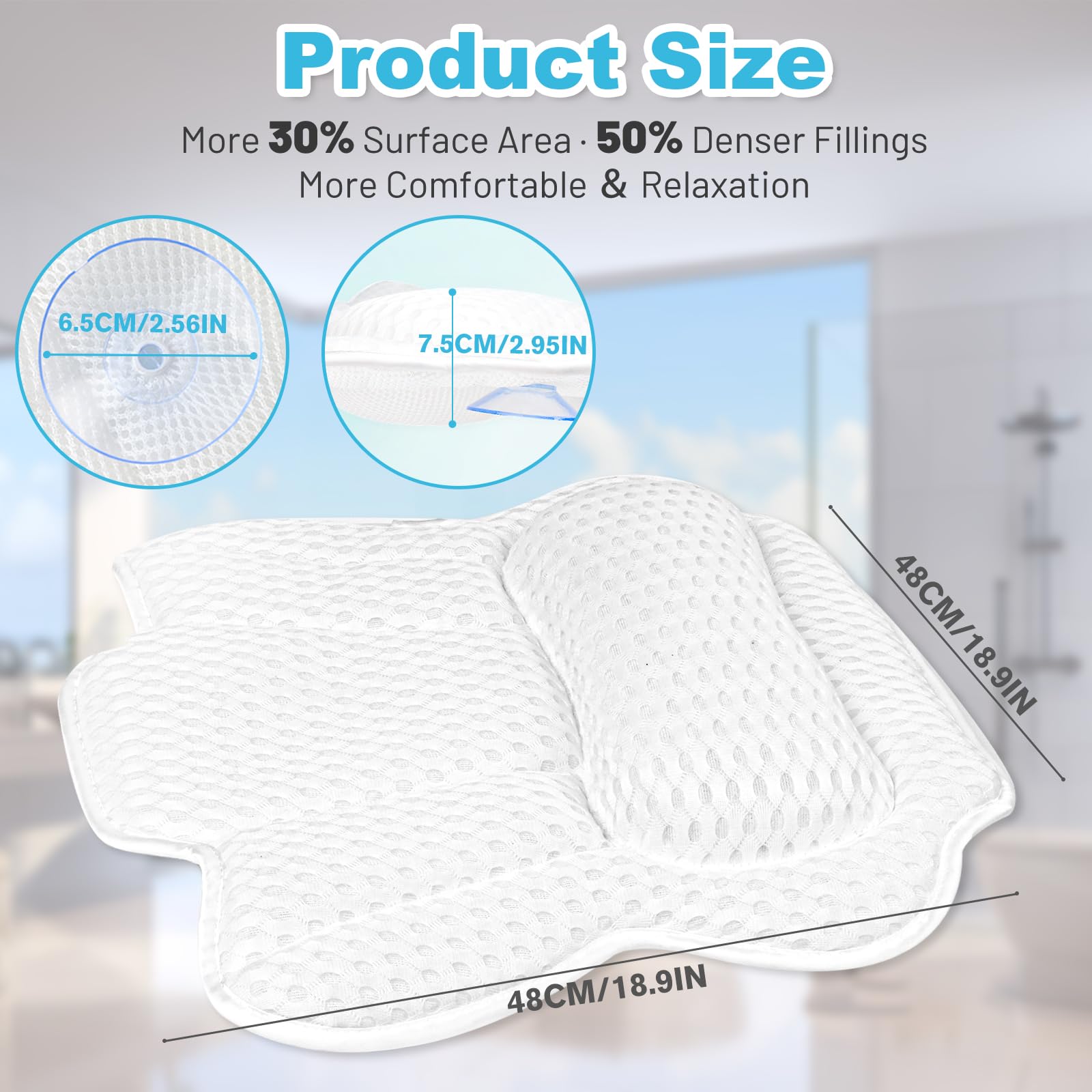 EcoHLL bath pillow showing six oversized suction cups for a secure tub attachment.