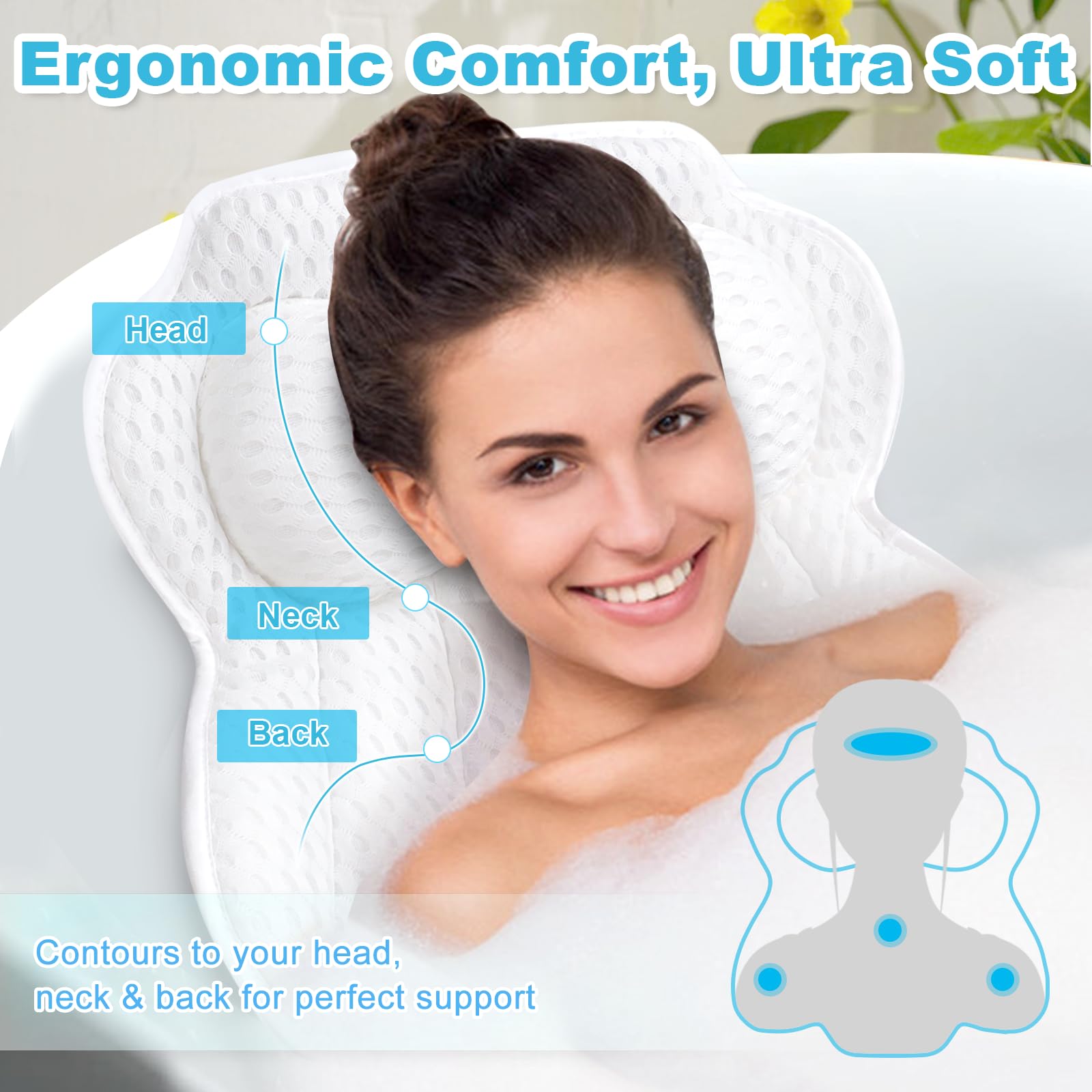 EcoHLL bath pillow is machine washable and includes a built-in hook for easy drying.