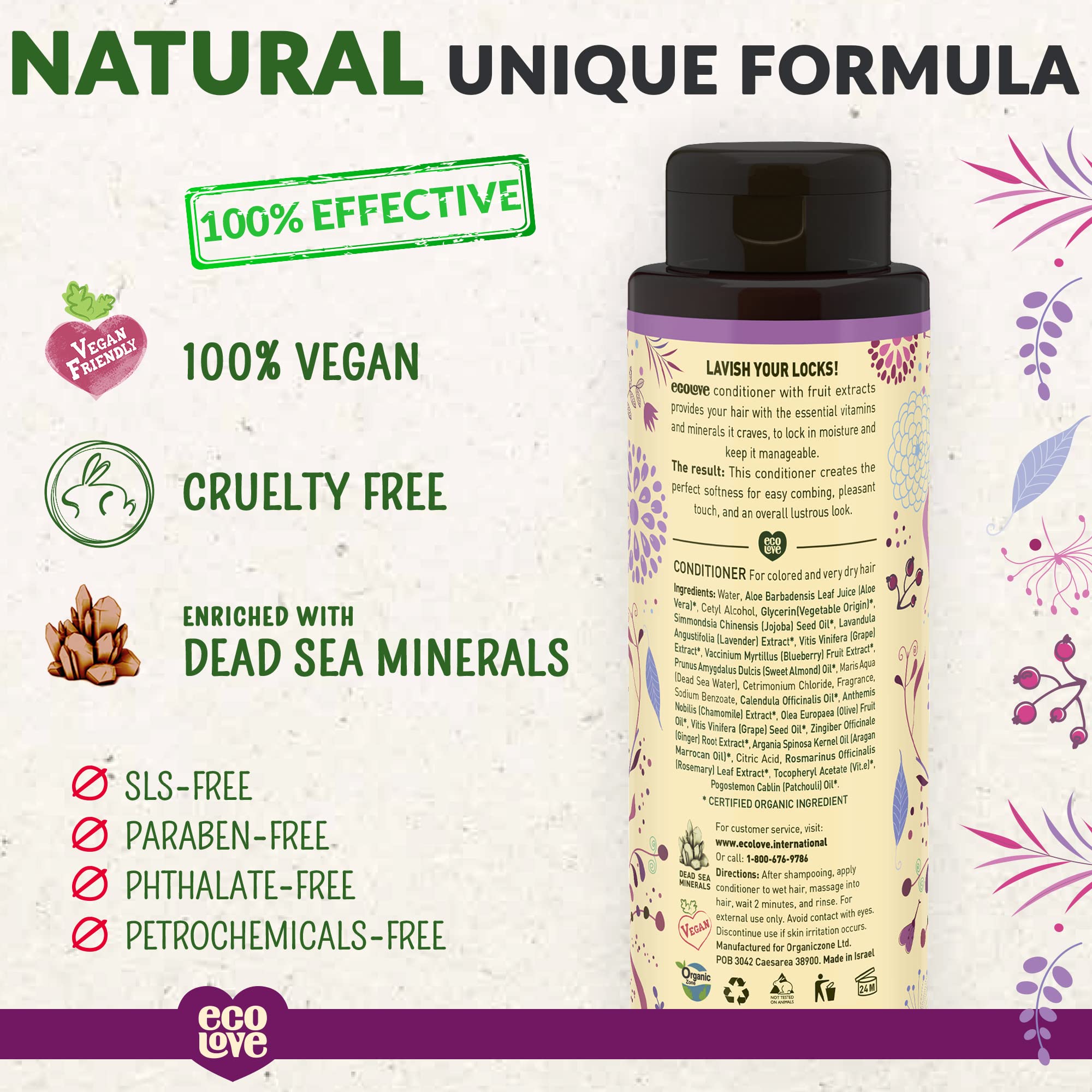 ecolove conditioner pump bottle shows lavender label and vegan, cruelty-free care.