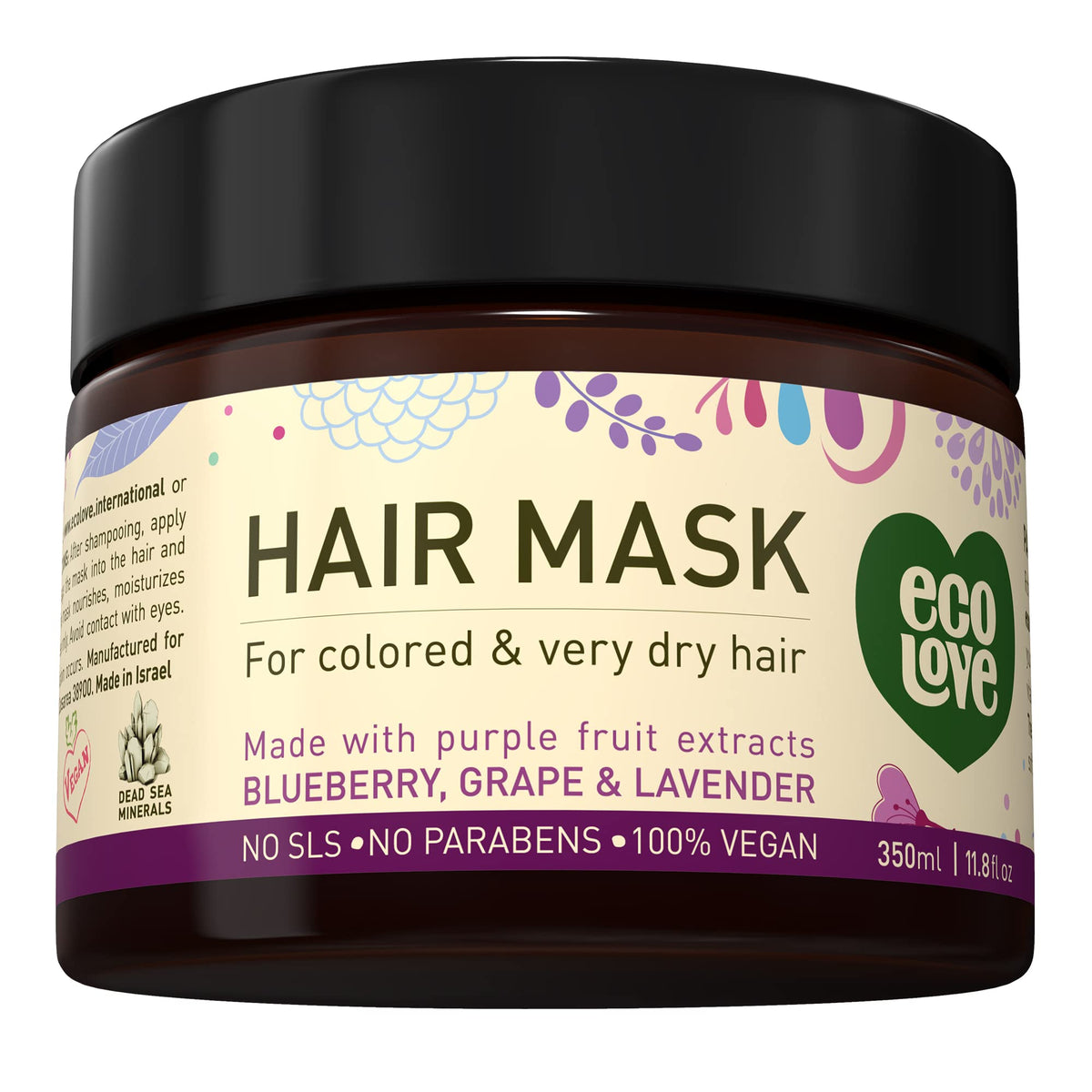 ecoLove hair mask jar shows dry damaged hair repair with organic ingredients.